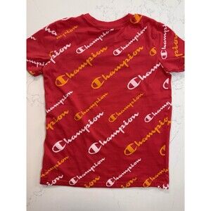 Champion Boys All Over Print Script Logo Short Sleeve Red T-Shirt Size M (10/12)